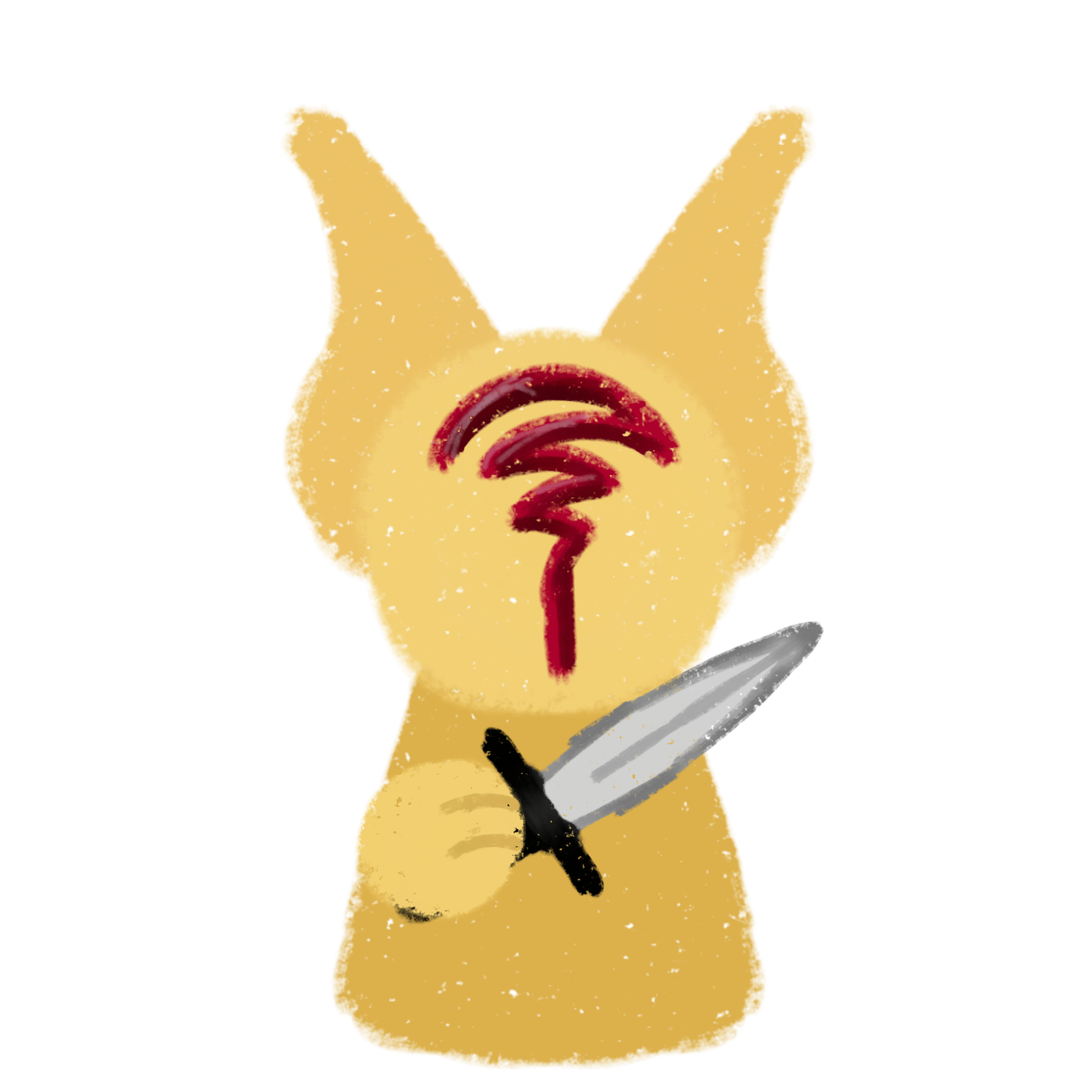 a yellow stylized bunny creature, it has a red squiggly line mark on its face and is holding a silver dagger with a brown handle,  It has a simple, cartoonish design with a textured appearance.